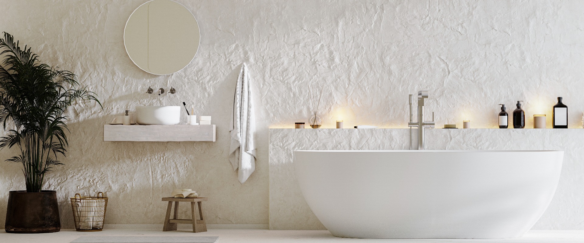Modern bathroom interior mock up with bathtub, sink and mirror, towels and bath accessories, 3d rendering