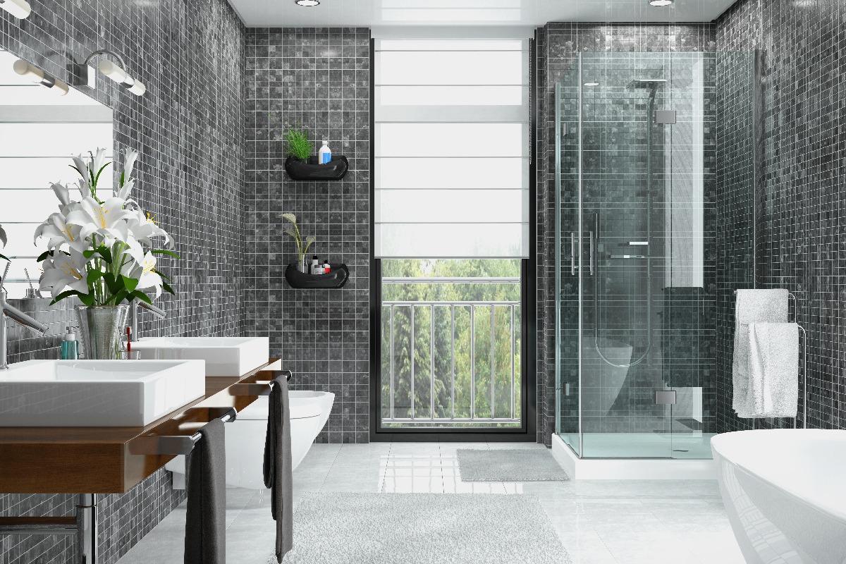 Modernes Badezimmer in weiß und schwarz mit Dusche, Badewanne, WC, Bidet und zwei Waschbecken mit einem großen Spiegel